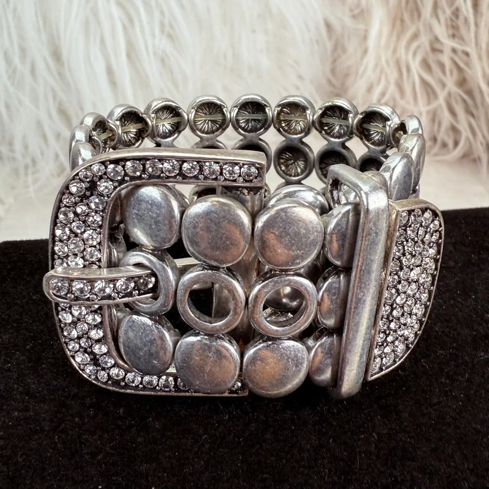 Silvertone CZ premier, designs, retired Statement Buckle Stretch Bracelet